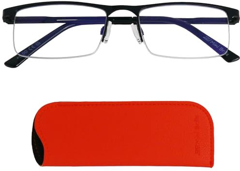 Metall Halbrand unten Anti Blaulicht Brille Lesebrille mit rechteckigen Gläsern, Gratis Etui, Edelstahl Brillengestell (Schwarz), Blaulichtfilter Brille Herren und Damen 2.0 Dioptrien