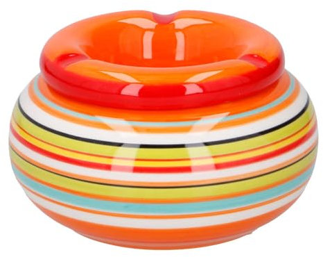 Murago - Aschenbecher Keramik ca. 11x6 cm Orange gestreift - für draussen mit Deckel Outdoor rund Tischaschenbecher Garten Balkon Ascher Windaschenbecher
