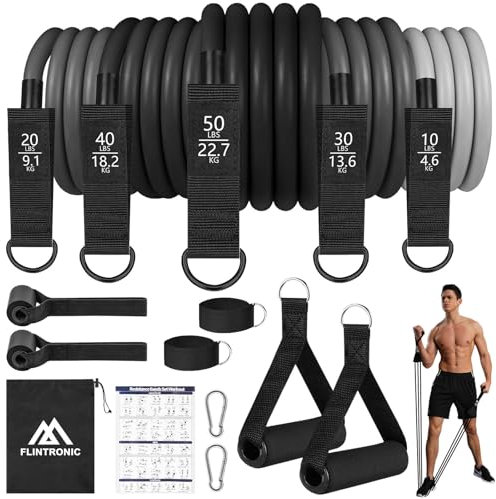 Flintronic Bandes de Résistance Élastique, 5 Kit Elastiques de Musculation, Niveaux Différents Allant Jusqu'à 150 lbs, pour Yoga, Étirement, Sculpture, Torsion, Perdre du Poids, Noir Gris