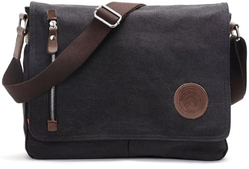 Sunborls Herren Damen Umhängetasche Canvas & Echtleder Messenger Bag Satchel Student Bag Aktentasche für 14 Zoll Laptop, grau