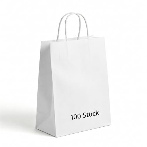 Commerline 100 pezzi sacchetti di carta bianchi con manico, 35+14x36 cm sacchetti di carta kraft con manico a cordoncino, borse di carta per shopping e imballaggio, sacchetti regalo compleanno bambini
