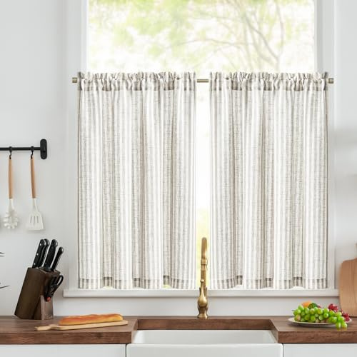TOPICK Set om 2 stycken H 90 x B 90 (cm) randiga fönstergardiner moderna linnegardiner med ränder köksgardin ogenomskinlig kort för kök ljusgenomsläppligt litet fönster gråljusbrun på beige