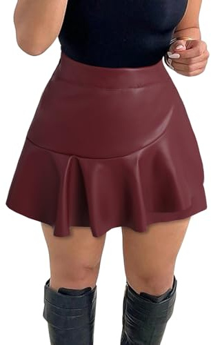 Benfoly PU Leather Skirts for Women High Waisted Ruffle Mini Skirt Bodycon Skirts Ruffle Wine Medium