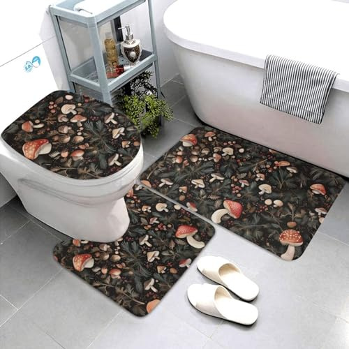 Juego De 3 Alfombrillas De Baño Hojas con Estampado De Setas Bonitas Juego De Alfombrillas De Baño Lavable Imprimir Alfombras De Cama, para Dormitorio, Bathroom, Cocina