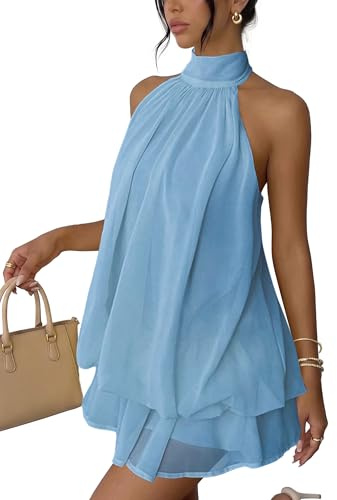 Xiaoliny Vestido Mujer Sexy Sin Mangas Mini Vestidos Halter Elegantes Verano Vestido Espalda Descubierta con Volantes Ligero Fluido Vestidos Holgado de Gasa Casual Dress para Fiesta Playa Cocktail