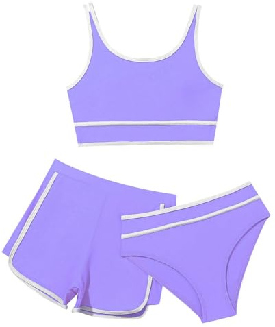 Bañador Niñas Bikini Conjunto De Bikini 3 Piezas Niña Verano Trajes de Baño Bikinis con Pantalones Cortosbañadores Infantil Color Sólido Tirantes Ajustables Tankini Ropa Deportivos Playa