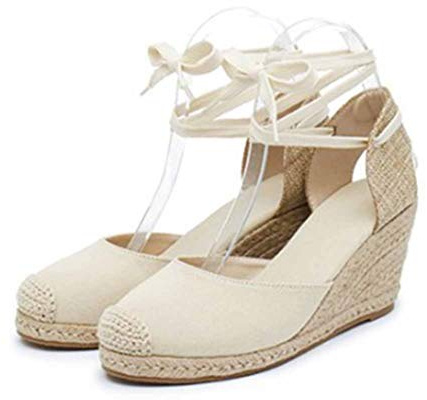 Espadrillas da Donna estive Traspiranti Tinta Unita a Strisce in Tela con Lacci a Punta Bassa Punta Chiusa Piattaforma Casual Sandali con Tacco a Zeppa da Donna 8 cm