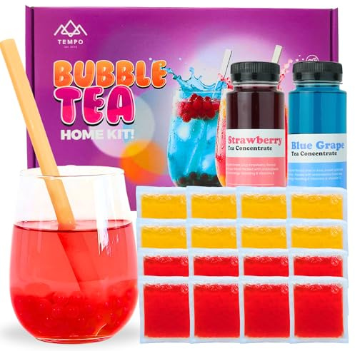 Bubble Tea Kit (Serves 16) - Blue Grape & Strawberry with Mango & Strawberry Popping Boba, Fruit Tea Concentrate, Low Calorie, Low Sugar