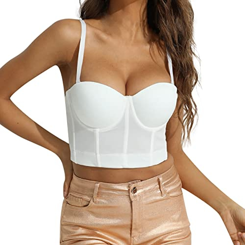 LOIJMK Dam Korsett Topp Bustier Åtsittande Linne Remmar Solid Kort Mode Skjorta med Spets