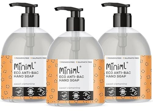 Miniml Antibacterial Hand Wash Soap 3 x 500ml - Natural Clementine Scented Eco Friendly Hand and Body Washing Liquid Gel for Soft and Sensitive Skin Care - 100% Vegan & Cruelty Free