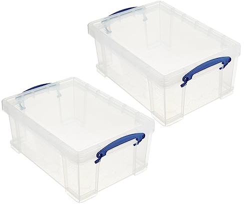 Really Useful Box Stackable 9 Liter Plastic Storage Container Bin with Snap Lid and Built-In Clip Lock Handles for Home & Office Organization (2 Pack)