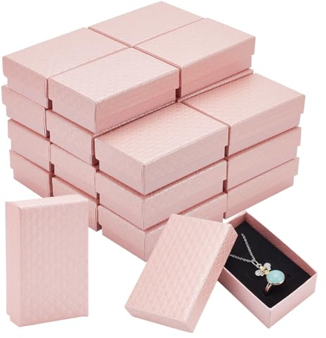 BENECREAT Scatole Regalo per Gioielli da 24 Confezione Scatole per Orecchini Rettangolari in Cartone da 8.4x5.35 cm con Spugna di Velluto per Anello, Matrimoni, San Valentine's Day, Compleanni (Rosa)