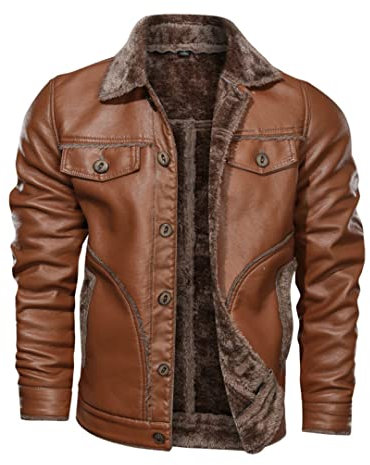 Alloaone Veste En Cuir D'hiver Pour Hommes Manteau En Cuir PU Épais Veste Polaire En Fourrure Double Face khaki XL