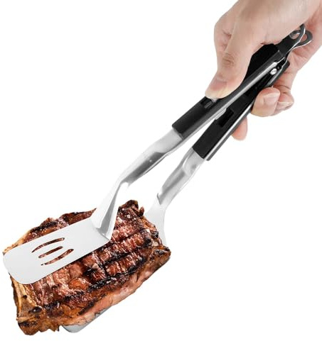 Grill Clamp Spatula, 11.6 Inch Long Stainless Steel Extended Handle Spatula Tongs Anti-Scald Food Flipping Cooking Tongs Spatula for Steak Pancakes Barbecue Burgers Pizza BBQ (Black)