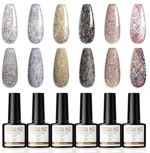 ROSALIND Semipermanente Unghie Glitter 6 Colori Smalto Semipermanente Argenteo Blu Nero Rosa Smalti Semipermanenti Gel Nail Polish Soak Off UV LED Nail Art per l'autunno e l'inverno, 8ml
