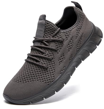 LANGFEUU Men's Trainers Sports Shoes Breathable Road Running Trainers Lightweight Men's Casual Sneakers Non-Slip Tennis Dark Gray UK Size 8