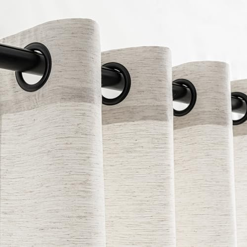 VOILYBIRD Off White Linen Curtains Black Grommets Sheers Curtains 90 Inches Long for Bedroom Farmhouse Drapes Basketweave Texture, 52”W x 90”L, 2 Panels