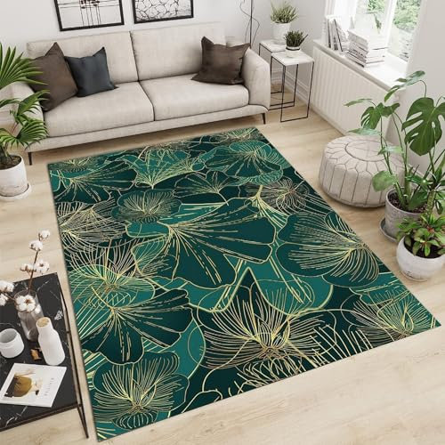 MOCHAMIK Druckteppich, 3D-gedruckte Pflanze, goldene grüne Linie, Blume, rutschfest, für Flur, Küche, Schlafzimmer, Wohnzimmer, Teppichmatte – Teppichboden, dekorativ, 50 x 80 cm / 19,6 x 31,5 Zoll –