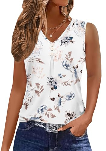 WNEEDU Débardeur Femme Été Top Hauts sans Manche Col en V Sexy Blouse Tops Femme Chic et Élégant Blanc Fleuri M