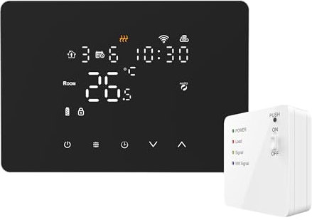 Domos - Termostato Inalámbrico WiFi Inteligente para Caldera y calefacción | Pantalla LED táctil, WiFi, programable, Control Remoto por App y Voz. Color Negro