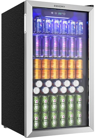 EUHOMY Getränkekühlschrank, Minikühlschrank für 126 Dosen mit Glastür, kleiner Kühlschrank mit verstellbaren Regalen für Limonade, Bier oder Wein, perfekt für Zuhause/Bar/Büro, Silber, Edelstahl