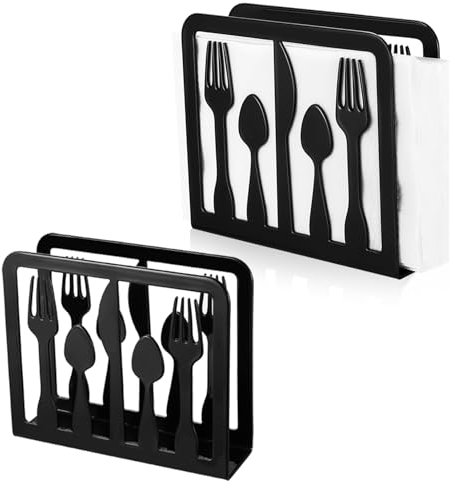 2 Pcs Porte Serviette de Table, Porte Serviettes Noirs, Distributeur de Serviettes en Métal, Porte-serviettes en Papier, Distributeur de Papier pour Cuisine Restaurant Bar Hôtel (Motif Vaisselle)