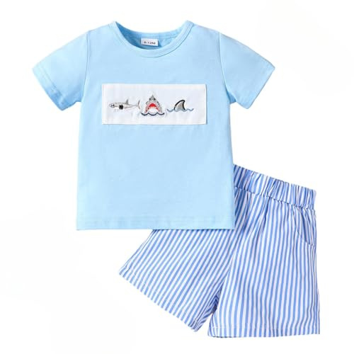 LUVCES Conjunto Ropa con Estampado Dinosaurios para Bebés Niños Manga Corta Camiseta top Pantalones Cortos 2 Piezas Lindos Conjuntos de Verano Playa de arena azul 2-3 Años