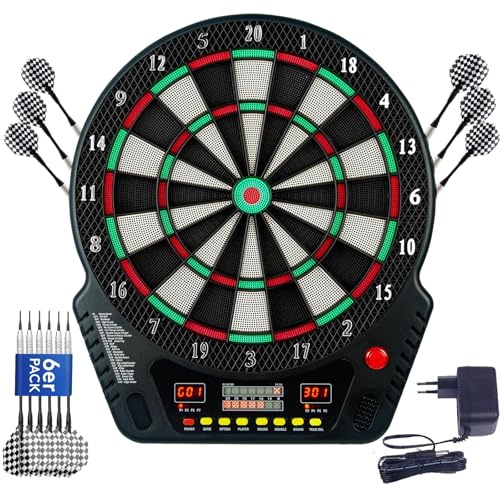 Elektronische Dartscheibe Set, Aktualisierte Soft Tip Elektrische Dartboard mit Sprachansagen, LED-Anzeigen, 6 Dartpfeil, 33 Spiele Profi E-Dart Board für Hause Partys Garten 1 bis 8 Spieler, Schwarz
