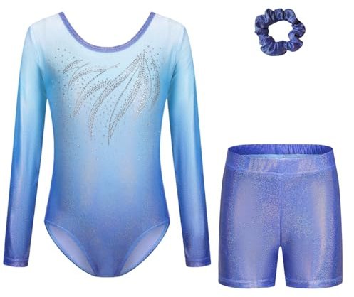 Konstnärlig gymnastik Body för flickor - Flickor Långärmad Ärmlös Gymnastikdräkt med Gradienta Färger Shorts och Pannband, Friidrott Bodysuit för Barn 5–14 år, B207 Mörkblå, TAG 8A(7-8 anni)