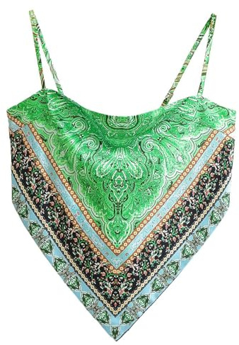 Canotta da donna con stampa paisley boho in satin, bandana, orlo annodato sul retro, spalline sottili regolabili, top a tubo, Verde pavone, S