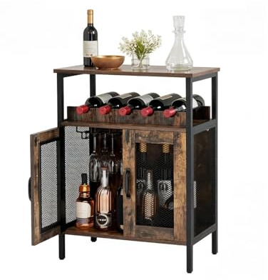 Warmiehomy Drinks Cabinet with Detachable Wine Rack & Glass Holder, Freestanding Wine Bar Cabinet Kitchen Storage Cupboard Sideboard for Home Mini Bar, Dining Room, Living Room, Bedroom, Office, Brown