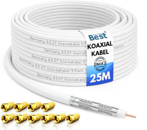 Germany B.e.s.t Koaxialkabel 25m SAT-Kabel | 4K Ultra HD | Class A+ | DVB-S/S2 DVB-C DVB-T BK Anlagen | 5Fach Geschirmt | 135dB | Antennenkabel | Koaxkabel | 10x F-Stecker