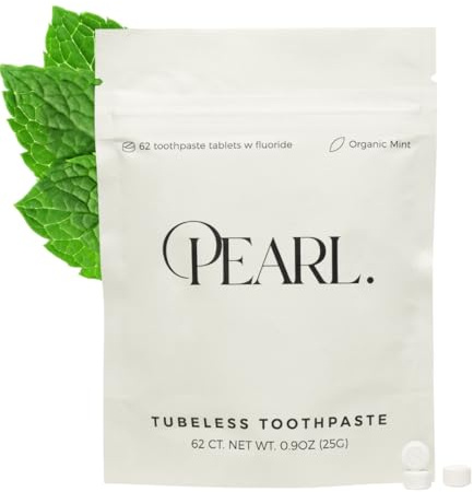 Pearl Fluoride Mint Toothpaste Tablets | Natural Whitening | Sensitivity Relief | Dentist Developed | TSA Approved | Plastic-Free | Reusable Packaging | 62 Tablets | Refill Pouch