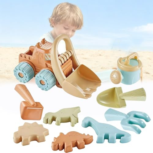 Juego de 9 juguetes de playa para niños, juguetes de arena de plástico, incluye moldes de camión, cubos, palas, rastrillos, mini molde de nube, diversión de verano al aire libre, juguete duradero para