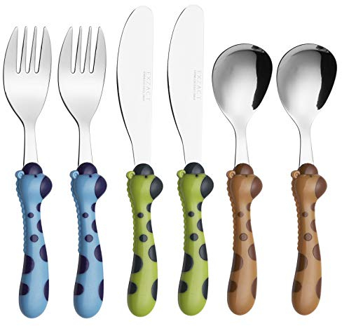 EXZACT Kinderbesteck 6 teiliges Edelstahl - Besteck Kinder ab 2 Jahre - 2 x Gabeln, 2 x Sicherheitsmesser, 2 x Esslöffe (Giraffe x 6)