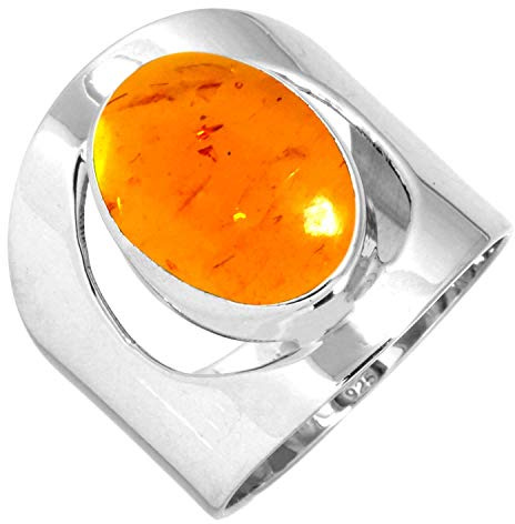 Jeweloporium Anello in argento con ambra arancione, misura 30, anello in argento sterling 925 per donna, gioielli boho con pietra ovale
