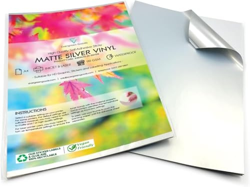 Evergreen Goods A4 10 Fogli Impermeabili Da | Carta Vinilica Autoadesiva Opaca Argentata | Etichette Adesive Stampabili a Getto D'inchiostro E Laser | Ideale Per Casa, Ufficio E Uso Multi-Occasione
