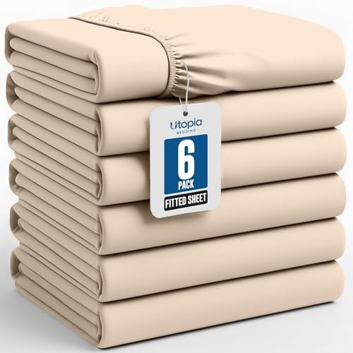 Utopia Bedding Queen-Size-Spannbettlaken – Großpackung mit 6 Bettlaken – weiche gebürstete Mikrofaser – Tiefe Taschen – schrumpf- und lichtbeständig – pflegeleicht (beige)