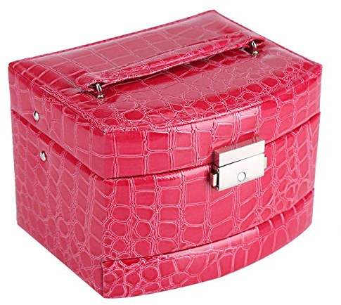 Tyenaza Joyero, organizador de almacenamiento de joyas de 3 capas, espejo incorporado, collar con cerradura, anillo de almacenamiento para regalo de niñas y mujeres, 15 x 13 x 12 cm(Rosa roja)