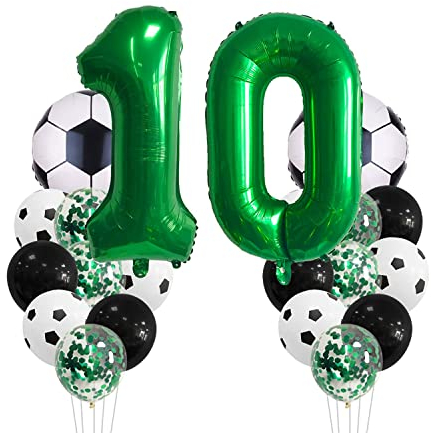 Fußball Geburtstagsdeko 10 Jahr Kindergeburtstag Deko Jungen Großes Fußball Luftballon Geburtstag Dekorationen Zahl 10 Ballon, Fussball FolienBallon, Grüner Konfetti Ballon für Fußball Themenfeier