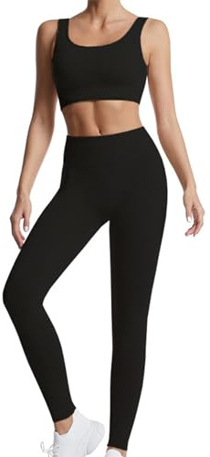 dohomiryo Damen Sportanzüge Jogginganzug Sport Sets 2 Teilig Workout Outfit Set Sport Crop Top+Hohe Taille Yoga Leggings Yoga Outfit Freizeitanzug Sportswear Schwarz S