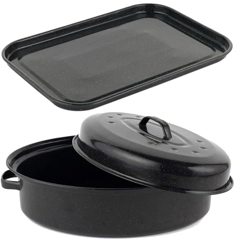 Salter COMBO-9026 Baking Tray & Roaster Set - Vitreous Enamel Coated Steel Self-Basting Roasting Tin with Lid, Flat Oven Pan, Large Cookie Sheet, PFAS-Free, Oval Dish, Dishwasher Safe, 38/40cm, Black
