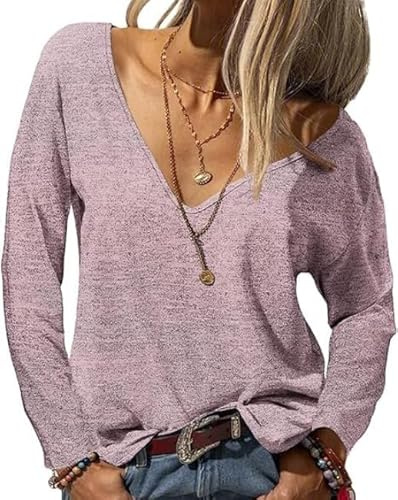 Fisoew Maglietta a maniche lunghe da donna sexy, top con scollo a V oversize basic longshirt, t-shirt a maniche lunghe ampia tinta unita, Colore: rosa., XL