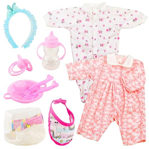 Bibi Doll 10 Piece Baby Doll Clothes & Feeding Set - 2 Outfits for 16 to 18 Dolls, Plate, Utensils, Nappy, Bottle, Dummy - Baby Accessories & Role Play Toy for Girls & Boys, Ages 3 Years+