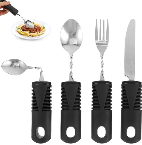 Pizsieat 4 Pcs Cuillère Couverts Parkinson Epaisse Poignée Easy Grip Fourchette Vibrante Regime Cuillere Anti Tremblement Pliable pour Personnes âgées Parkinson et Personnes Souffrant de Tremblements