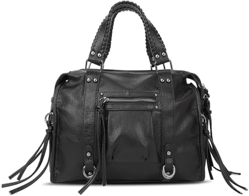 HiTotes Sac à main Hobo en cuir vegan pour femme - Sac fourre-tout vintage avec bandoulière et frange à glissière, 01-Noir, 29cm