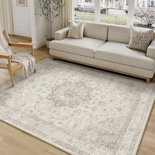 PureCozy Vintage Tappeto Salotto 120x170cm Beige Camera da Letto Antiscivolo Lavabile Tappeti Sala Soggiorno Cameretta Ufficio Grande Carpet Pelo Corto Morbido Rug