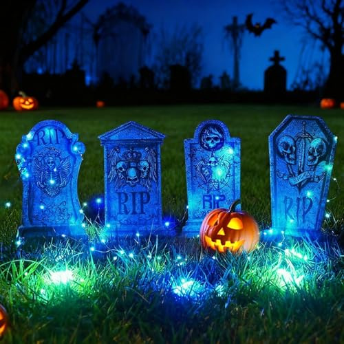 Lapide di Halloween, 4 Decorazione di Halloween Set di Lapidi con 8 catene luminose, Lapide Plastica spaventosa di Halloween, Impermeabile RIP Lapide, per Decorazioni in Cortile, giardino