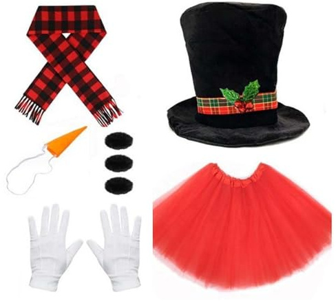 ZwaitL Costume de bonhomme de neige givré d'hiver - Accessoires de déguisement de Noël - Nez de carotte - Écharpe - Gants - Pompons - Boules - Jupe tutu - Costume de bonhomme de neige givré
