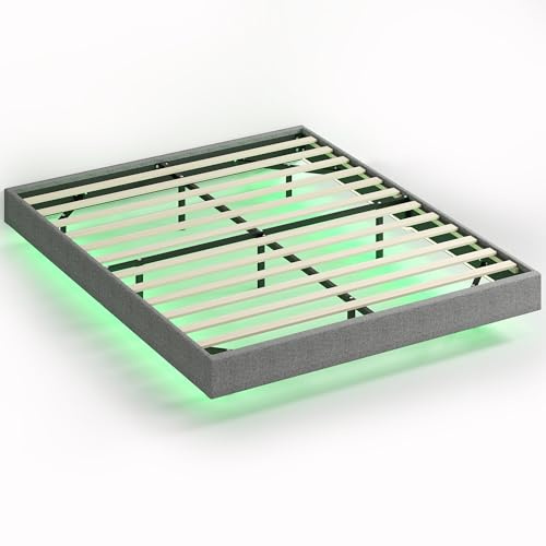 HOMCOM Somier Flotante 160x200 cm con Luces LED, Estructura de Cama, Tapizado en Lino, Láminas de Madera, Silencioso, Fácil de Montar, Gris
